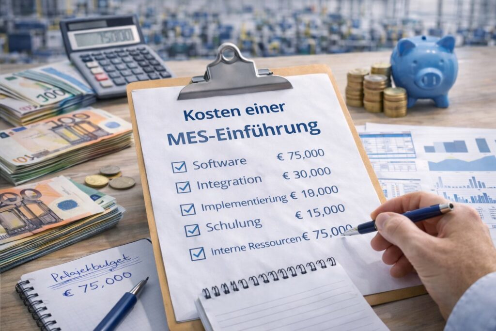 Kosten einer MES-Einführung mit Projektbudget für MES-Software, Integration und Schulung auf einem Kalkulationsblatt in einer Produktionsumgebung.