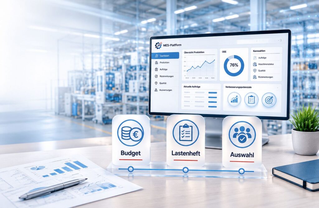 MES-Plattform Visual mit Monitor, MES-Dashboard und den drei Schritten Budget, Lastenheft und Auswahl