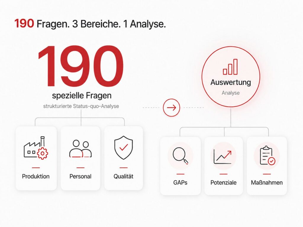 Infografik zur Status-quo-Analyse der MES-Budgetplanung-App mit 190 Fragen zu Produktion, Personal und Qualität