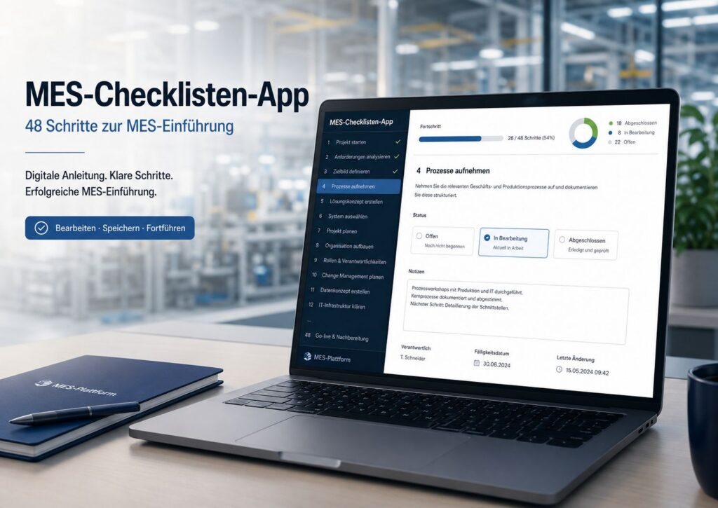 MES-Checklisten-App mit 48 Schritten zur strukturierten MES-Einführung auf einem Bildschirm vor moderner Produktionsumgebung