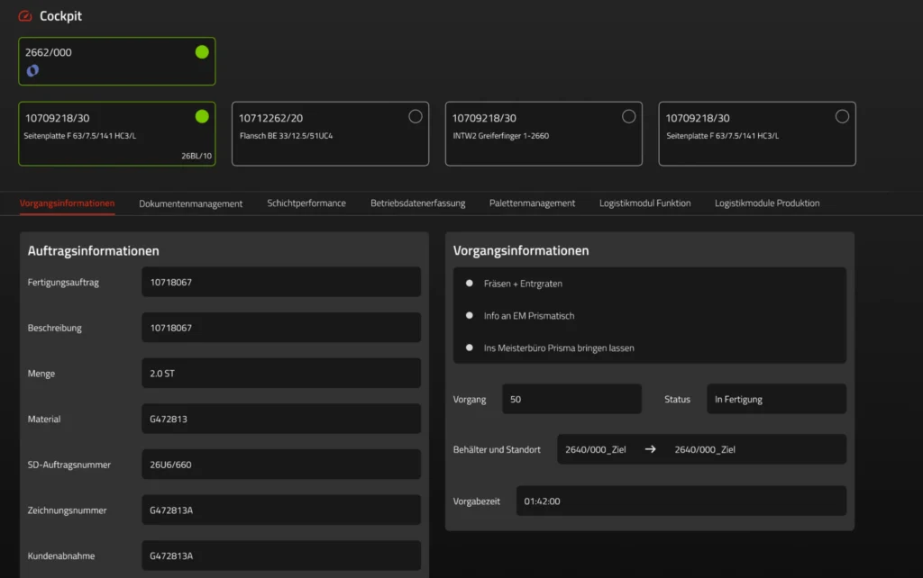 OKULON Produktion Cockpit mit Arbeitsvorrat, Auftragsinformationen, Dokumenten und Funktionen zur Rückmeldung aus der Fertigung.